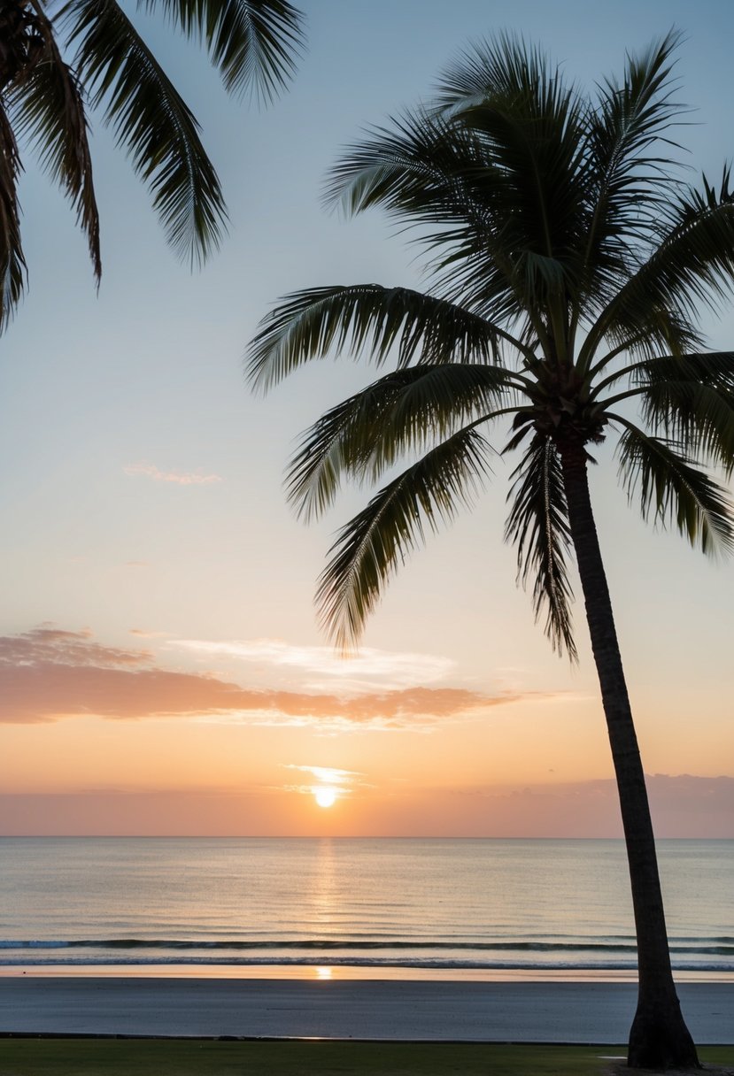A serene beach sunset with palm trees and a calm ocean in the background, overlooking a picturesque Garden Route landscape