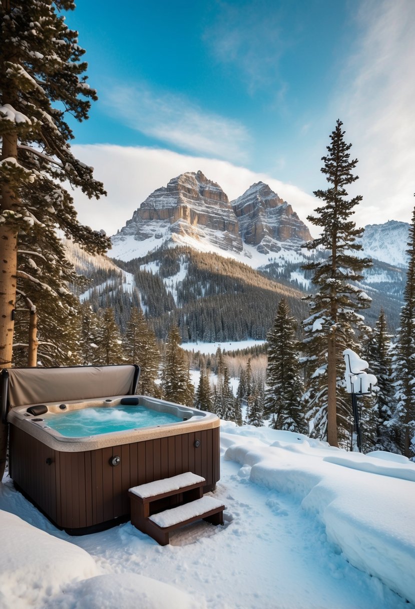 A cozy cabin nestled among snow-covered aspen trees, with a bubbling hot tub and a view of the majestic Rocky Mountains