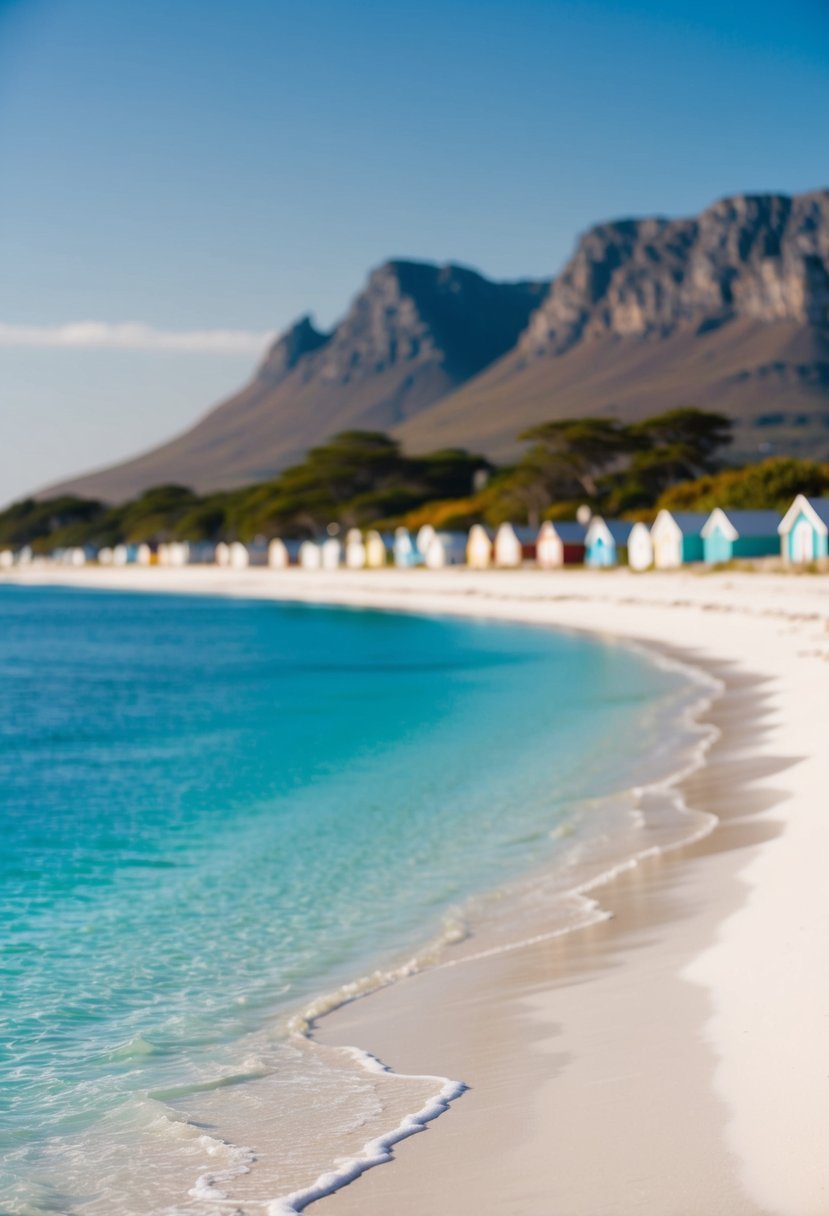 A serene beach at Paternoster, South Africa, with white sand, clear blue waters, and colorful beach huts lining the shore