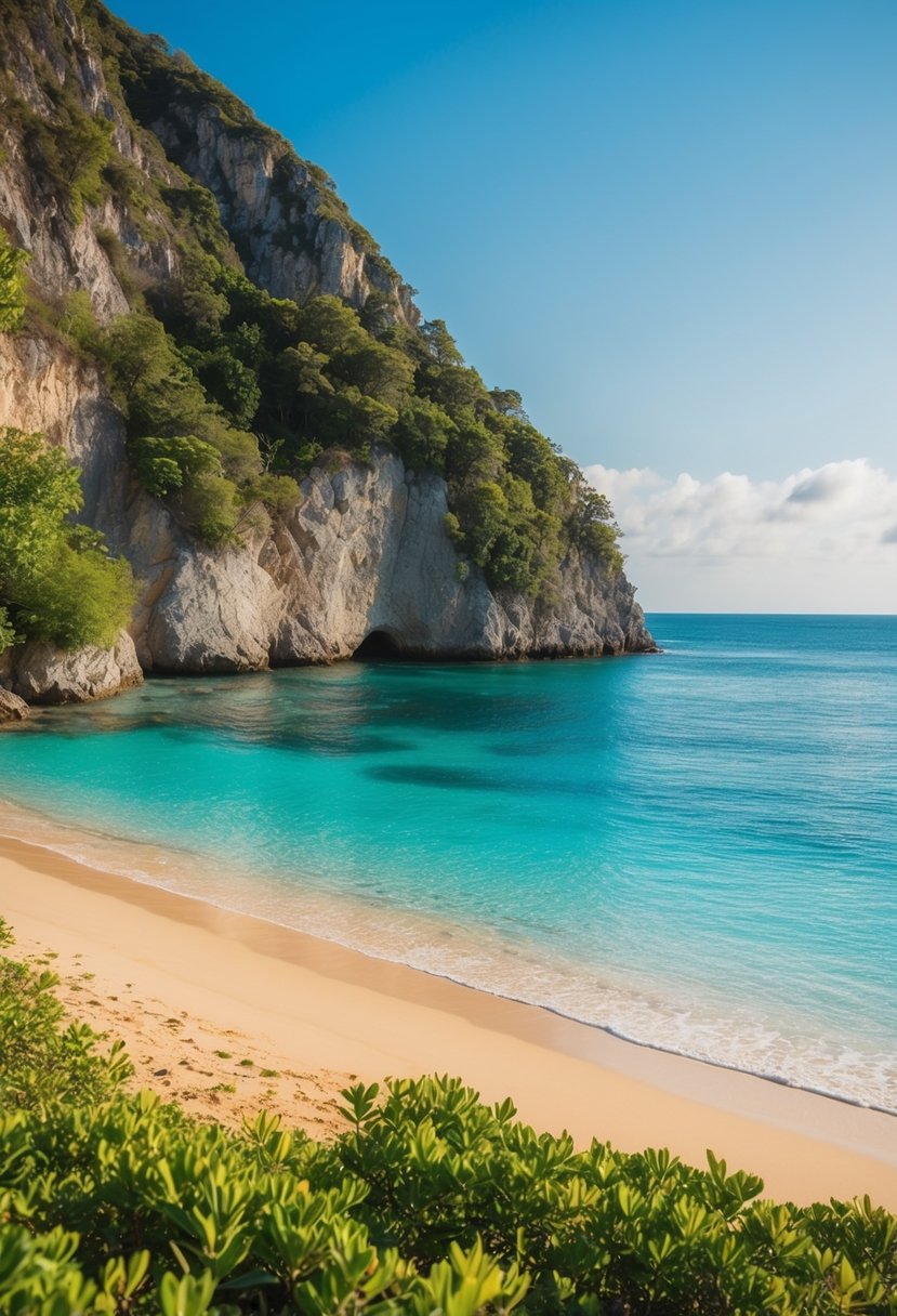 A serene beach with crystal-clear turquoise waters and golden sand, surrounded by rugged cliffs and lush greenery