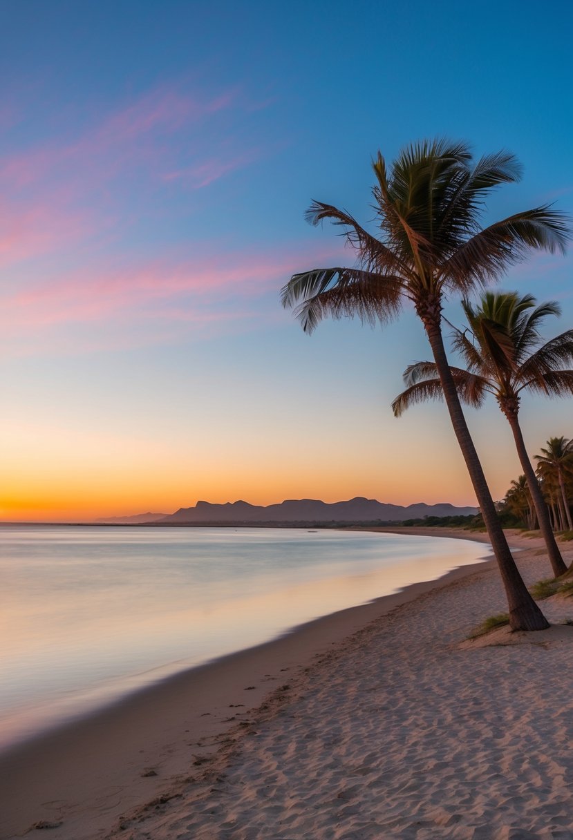 A tranquil beach at iSimangaliso Wetland Park, with palm trees, clear blue water, and a colorful sunset