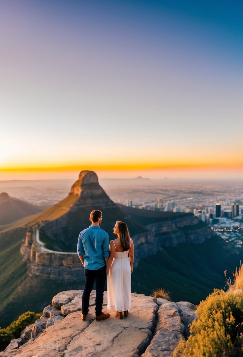 A couple stands on a cliff overlooking Table Mountain, with a colorful sunset in the background and the city of Cape Town in the distance