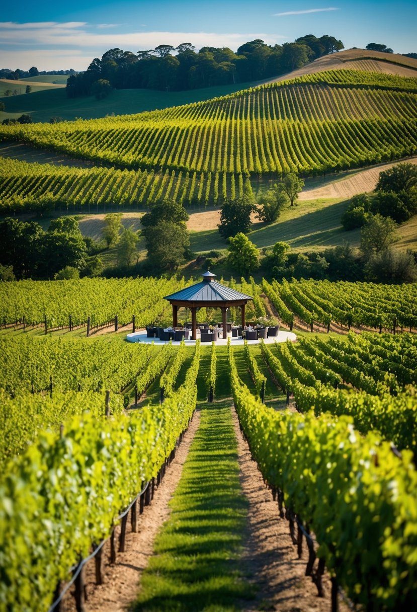 Lush vineyards stretch across rolling hills, leading to a romantic wine tasting pavilion nestled among the vines