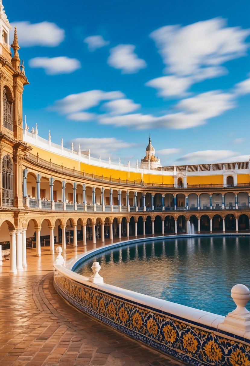 A bustling Plaza de España in Seville, with its iconic semi-circular building, colorful ceramic tiles, and peaceful canal