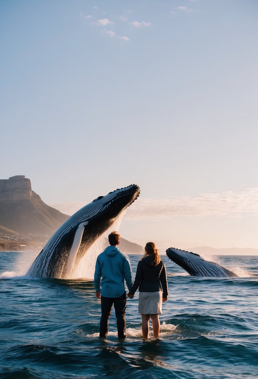 A couple watches whales breaching near Hermanus, South Africa