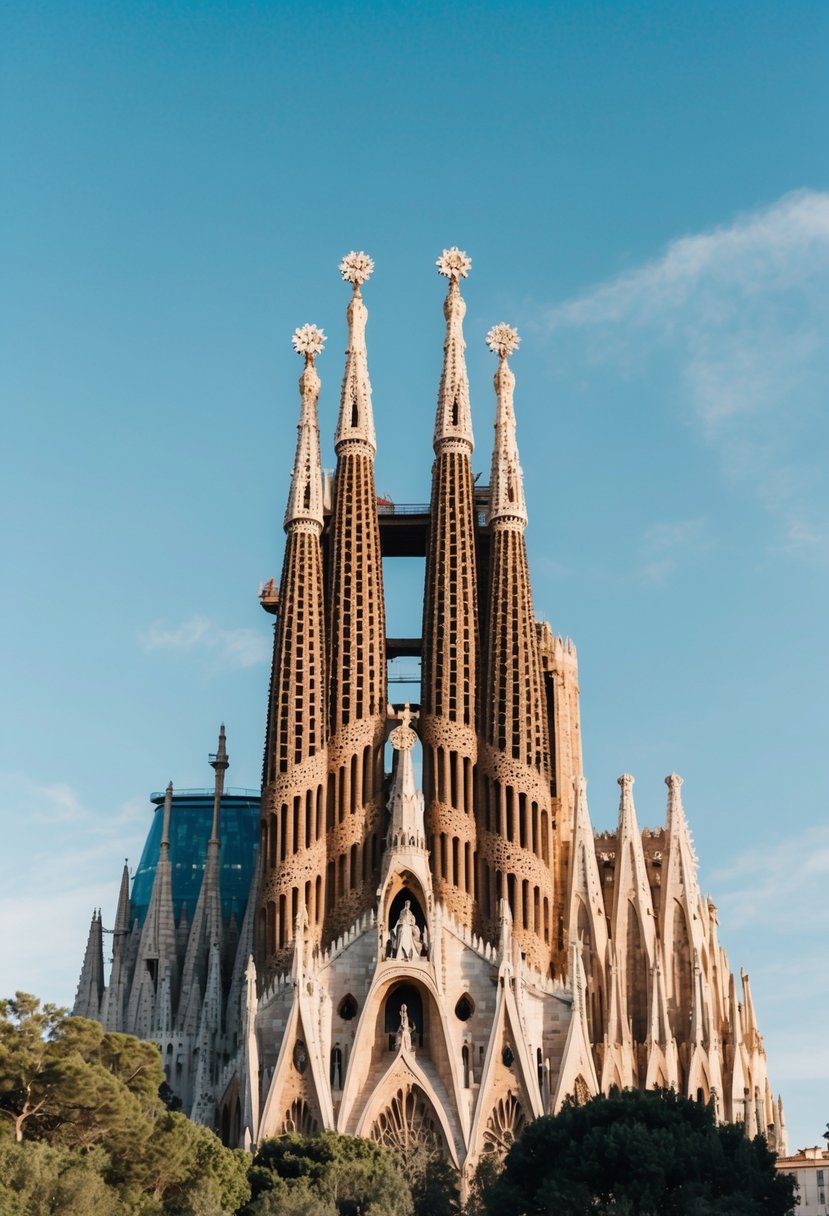 The iconic Sagrada Familia cathedral rises against a clear blue sky, its intricate spires and colorful stained glass windows creating a stunning backdrop for a romantic Barcelona honeymoon
