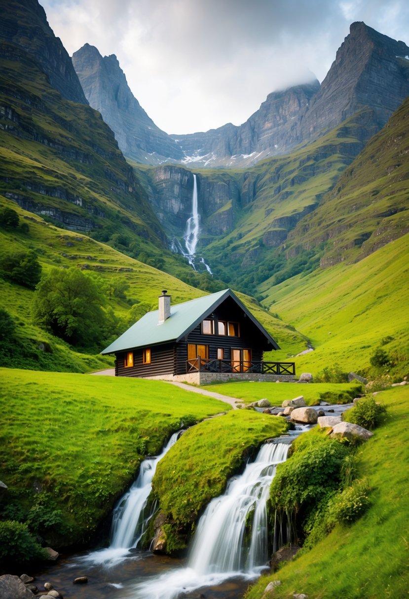 A cozy cabin nestled in the lush, green valleys of the Drakensberg Mountains, surrounded by towering peaks and cascading waterfalls