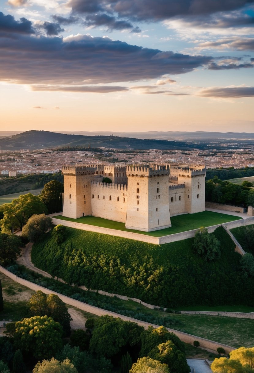The Alcázar of Segovia, a majestic castle nestled in the Spanish countryside, surrounded by lush greenery and overlooking the picturesque city below