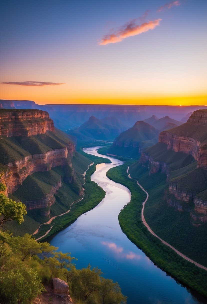 A serene sunset over Blyde River Canyon, with lush greenery and a winding river below, creating a romantic atmosphere for honeymooners
