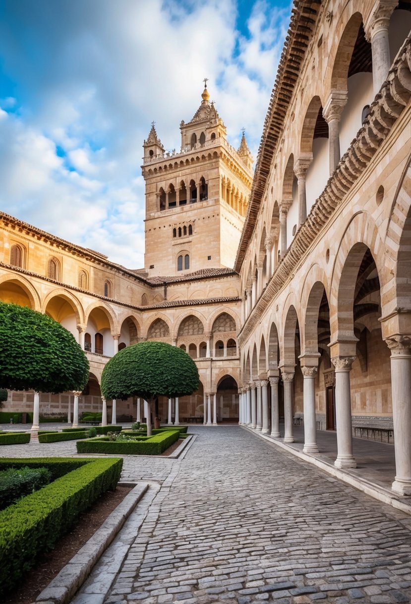 The Mezquita-Catedral in Córdoba, Spain, with its stunning blend of Islamic and Christian architecture, surrounded by picturesque gardens and cobblestone streets