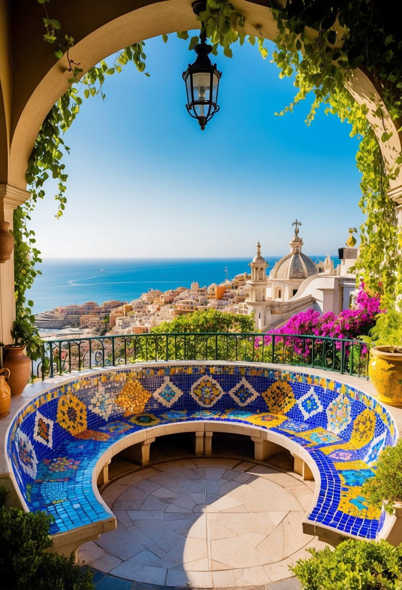 Lush, colorful mosaic benches curve around a grand terrace, overlooking a vibrant cityscape and the Mediterranean Sea. Intricate, whimsical architecture and lush greenery create a dreamy, romantic atmosphere