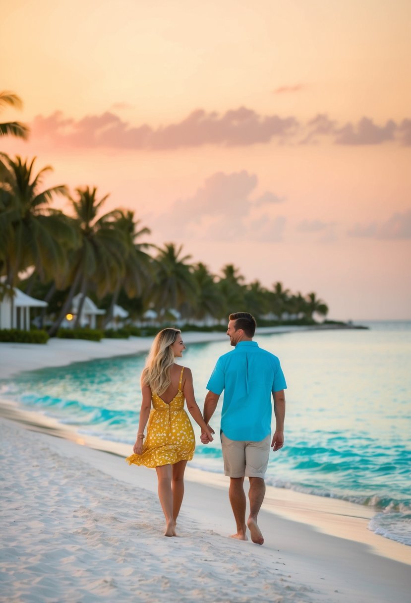 A couple walks along a white sand beach at sunset, with palm trees and luxury resorts lining the shore. The calm, turquoise ocean stretches out to the horizon under a warm, golden sky