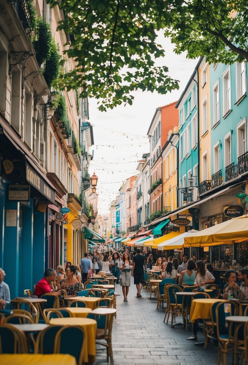 A bustling street lined with colorful shops and cafes, filled with the sounds of music and laughter, under the shade of leafy trees