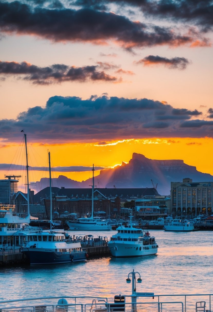 A sunset over the Victoria & Alfred Waterfront in South Africa, with boats in the harbor and the iconic Table Mountain in the background
