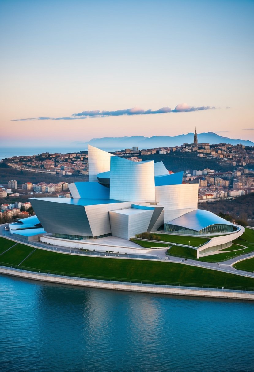 The Guggenheim Museum in Bilbao, Spain, with its iconic titanium-clad structure, surrounded by the tranquil landscape of the Basque Country
