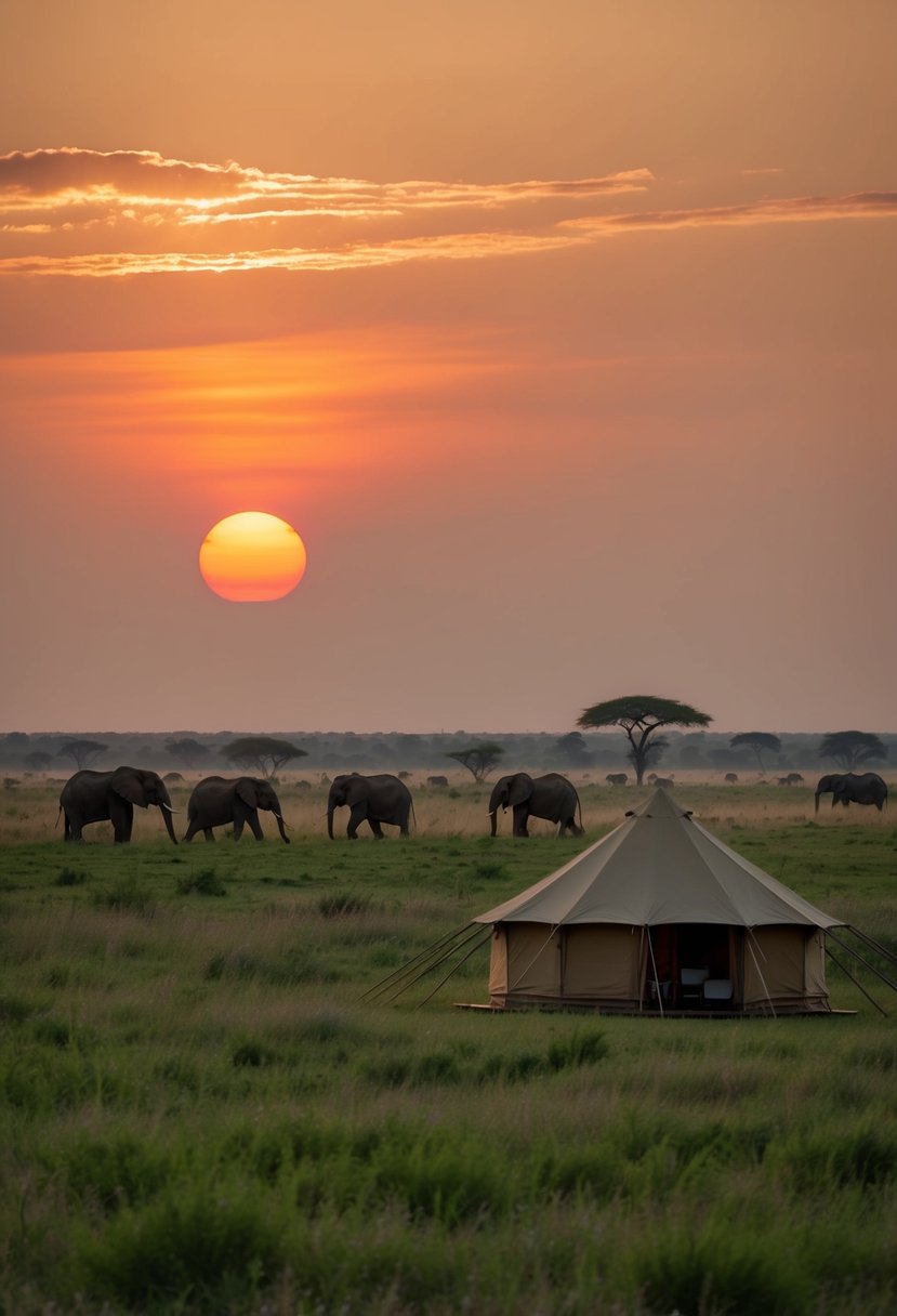 A romantic sunset over the savanna, with a herd of elephants grazing in the distance and a luxury safari tent nestled in the lush greenery