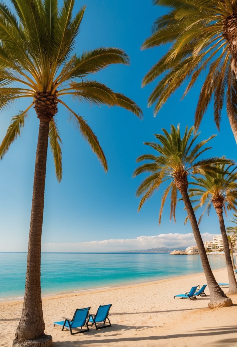 A serene beach at Costa del Sol, Marbella with palm trees, clear blue waters, and a couple of beach chairs