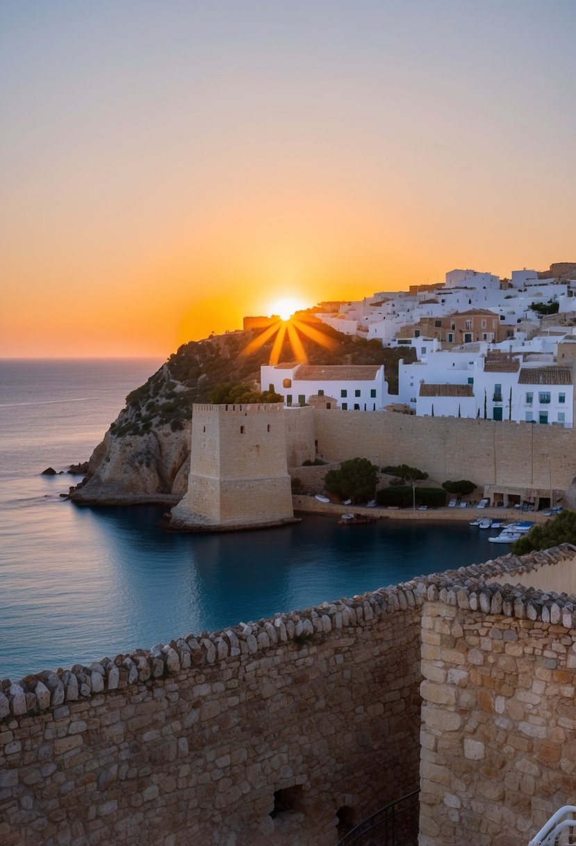 The sun sets over the ancient stone walls of Dalt Vila, casting a warm glow over the picturesque hillside town in Ibiza, Spain