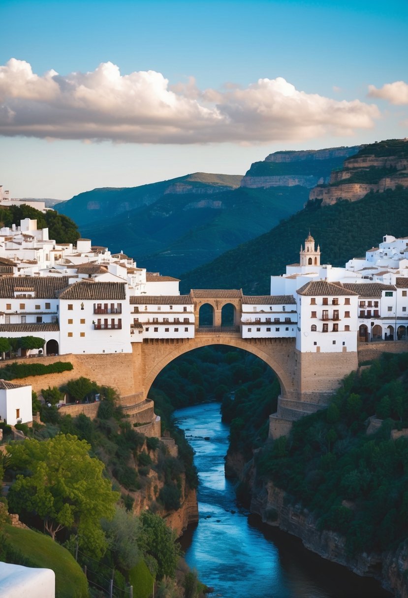 A picturesque view of Ronda, Andalusia with its iconic Puente Nuevo bridge spanning the dramatic El Tajo gorge, surrounded by historic white-washed buildings and lush greenery