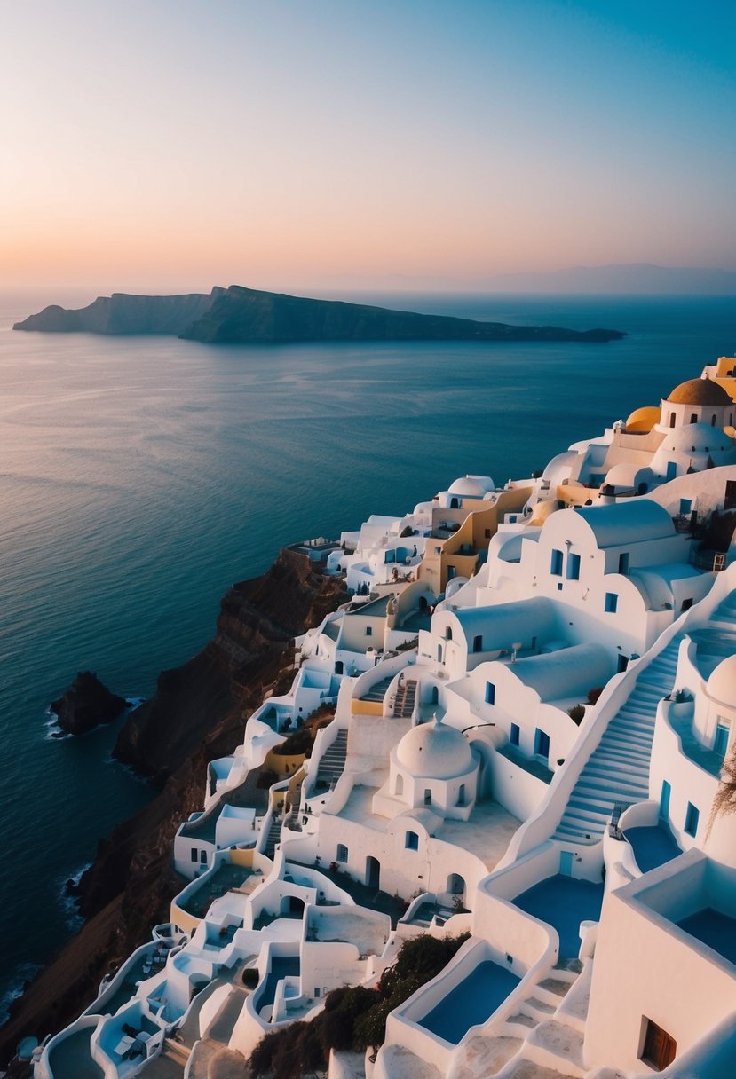 A serene sunset over Oia Village, with white buildings cascading down the cliffs and the deep blue sea in the background
