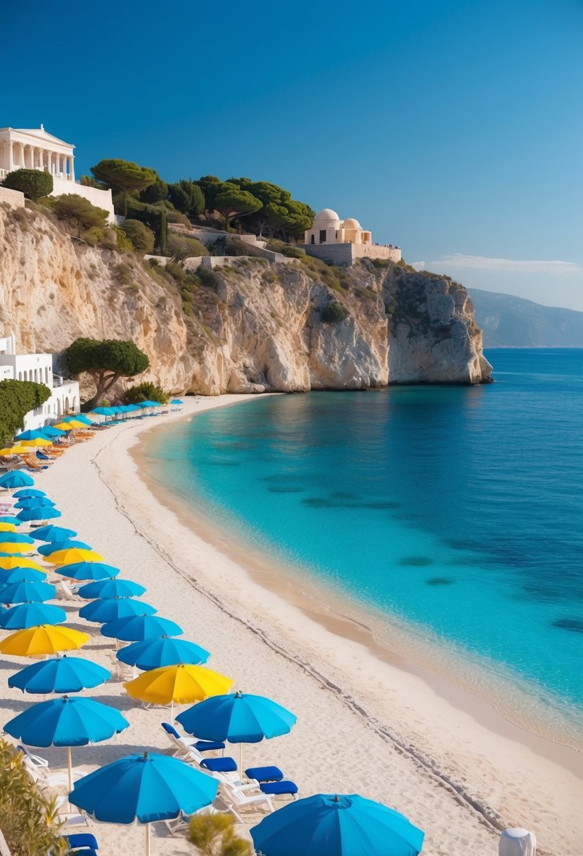 A serene beach with clear blue waters, white sand, and colorful umbrellas lining the shore, framed by cliffs and traditional Greek architecture