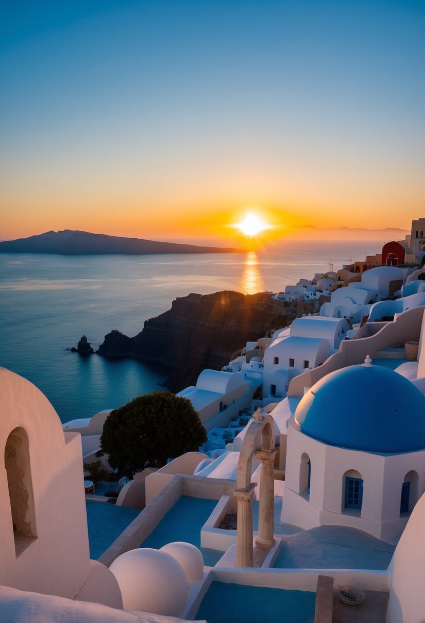 The sun setting over the ancient ruins of Thera, with the blue waters of Santorini in the background, creating a romantic honeymoon destination