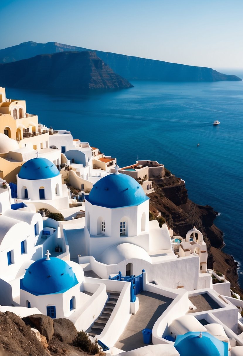 A picturesque view of Skaros Rock in Santorini, with the iconic white buildings and blue domes perched on the cliffside overlooking the sparkling Aegean Sea