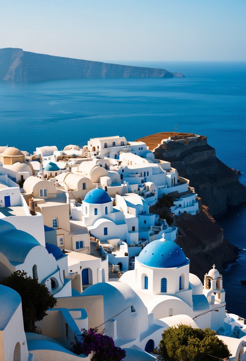 A picturesque village nestled in the cliffs of Santorini, with white-washed buildings and blue-domed churches overlooking the sparkling Aegean Sea