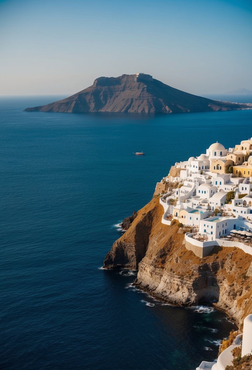 A picturesque view of Nea Kameni Volcano rising from the Aegean Sea, surrounded by the stunning landscape of Santorini, with white-washed buildings perched on the cliffside