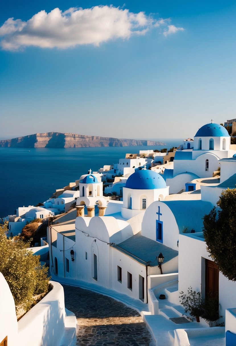 A serene Pyrgos Village overlooks the Caldera, with traditional white buildings and blue-domed churches nestled among winding cobblestone streets