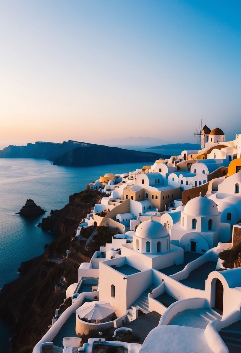 A serene monastery perched on a cliff overlooking the azure waters of Santorini, with traditional white buildings and a stunning sunset backdrop