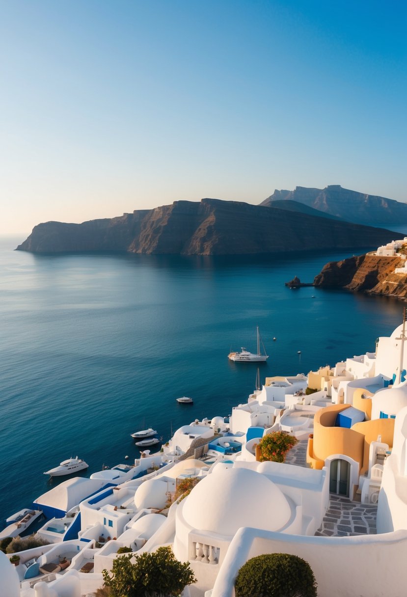 A serene bay with crystal-clear waters, surrounded by white-washed buildings and colorful rooftops, overlooking the breathtaking caldera of Santorini