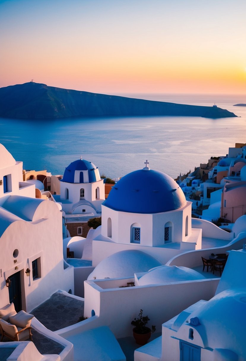 A serene sunset over the white-washed buildings of Fira Town, Santorini, with the iconic blue domes and a view of the caldera