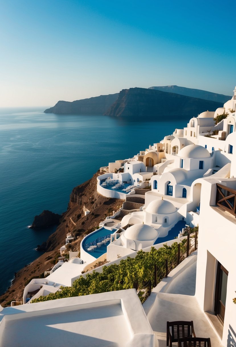 A sunlit terrace overlooks the blue Aegean Sea, with white buildings and vineyards cascading down the cliffs of Santorini