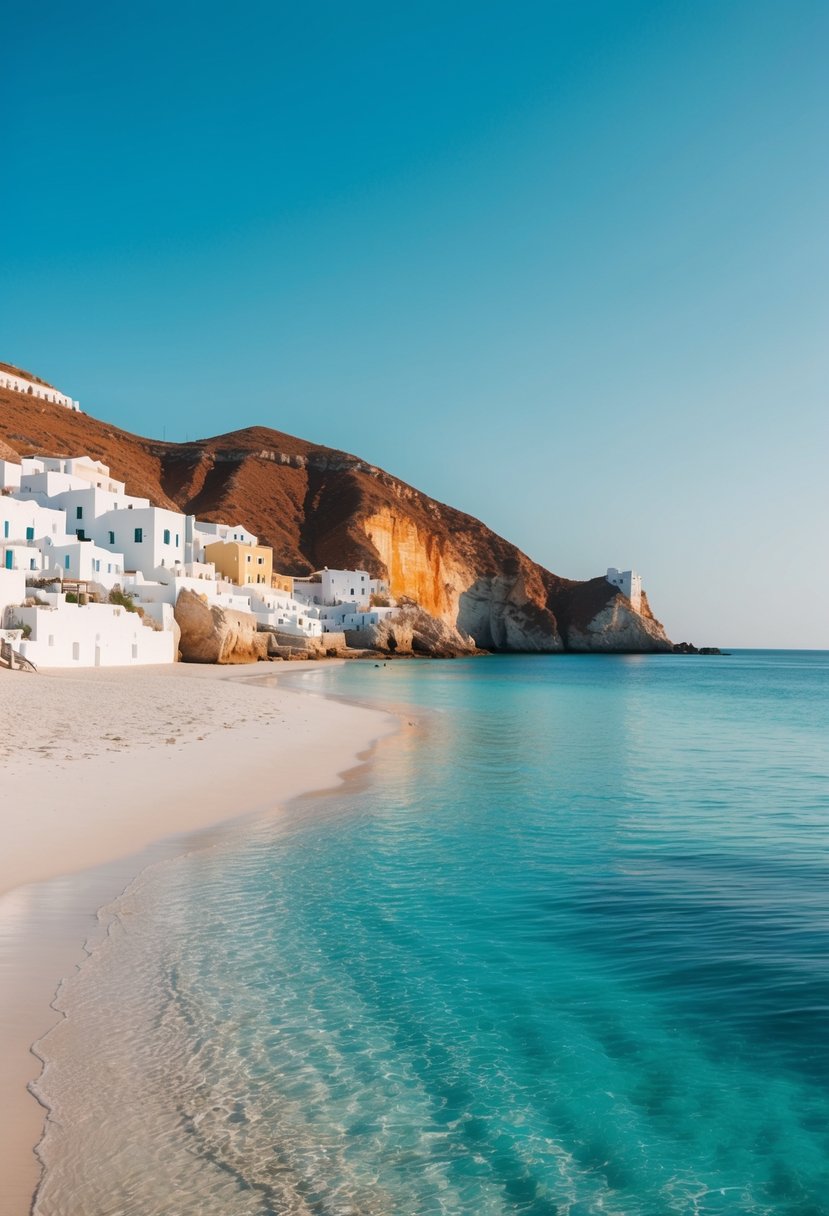 A serene beach with white sand and crystal-clear blue water, surrounded by colorful cliffs and traditional white-washed buildings