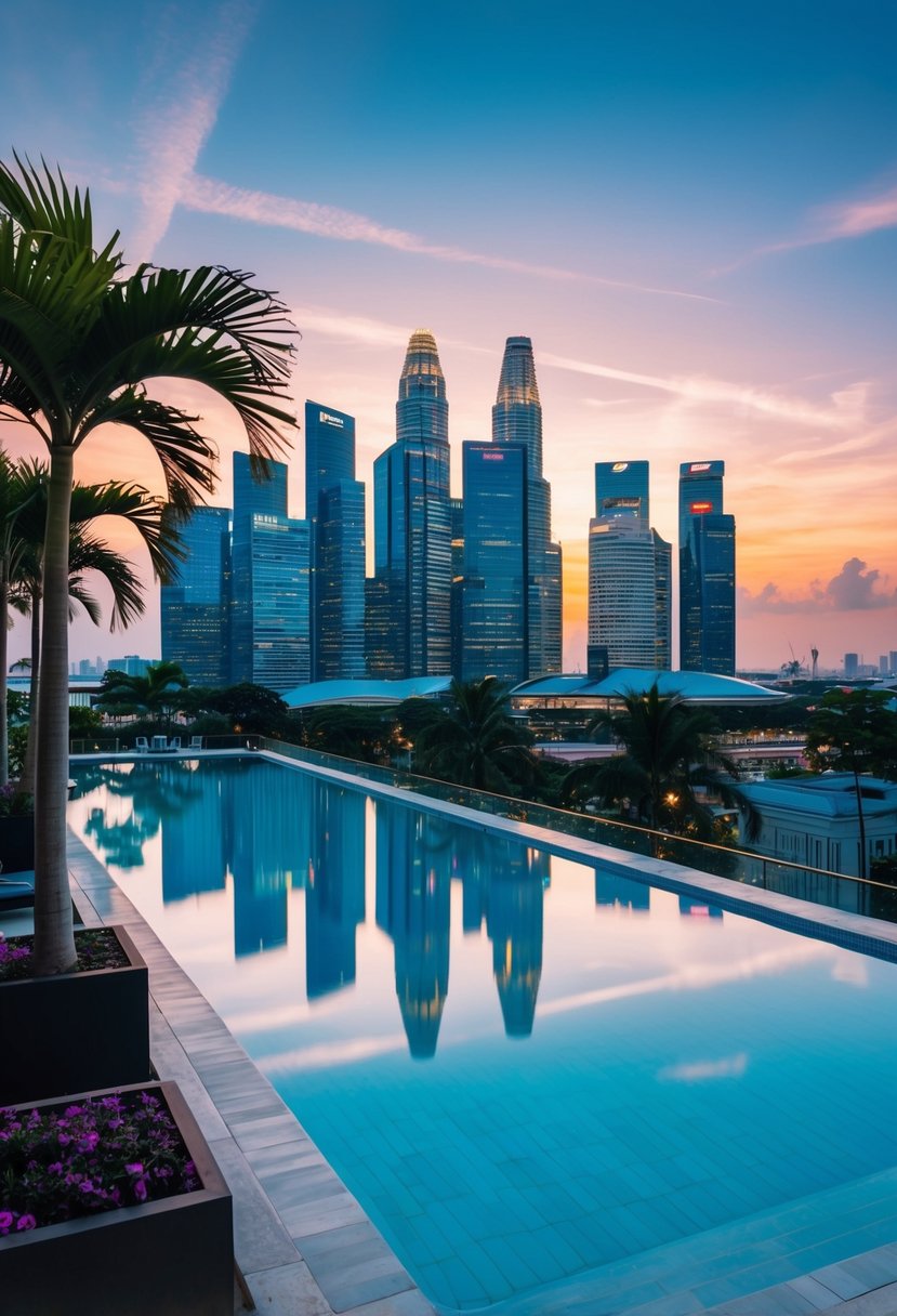 A picturesque view of the Singapore skyline from a luxurious rooftop pool at sunset, with palm trees and city lights in the background