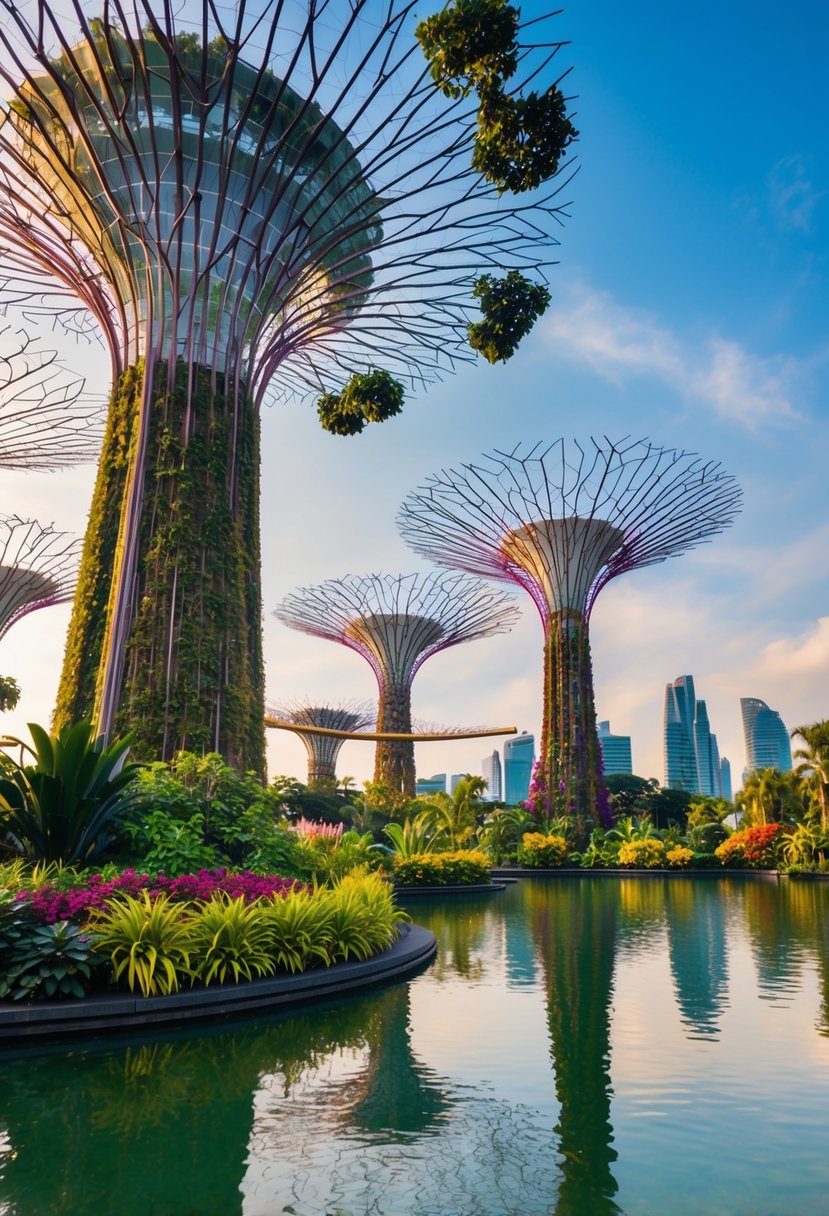 Lush, colorful gardens with towering Supertrees and serene lakes at Gardens by the Bay, a romantic honeymoon destination in Singapore