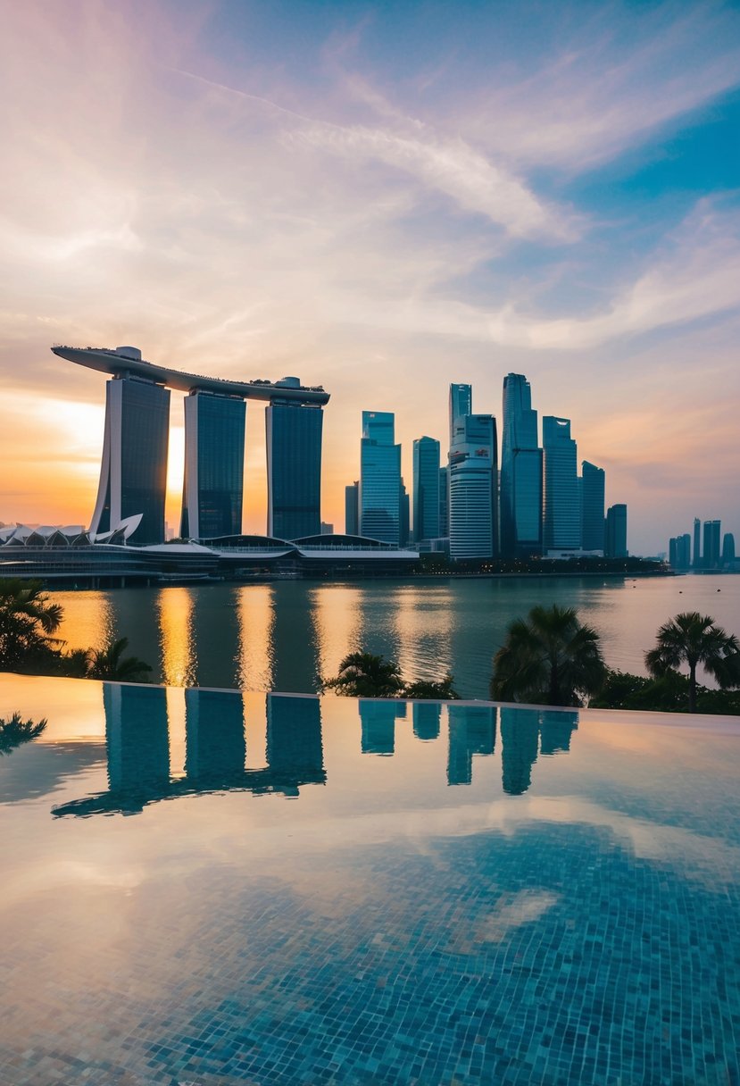A sunset view of Marina Bay Sands Infinity Pool overlooking the Singapore skyline