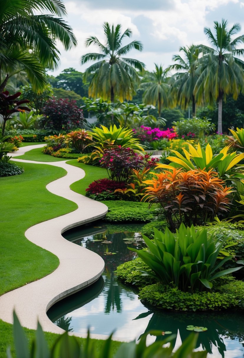 Lush tropical gardens with winding paths, colorful blooms, and tranquil ponds at the Singapore Botanic Gardens