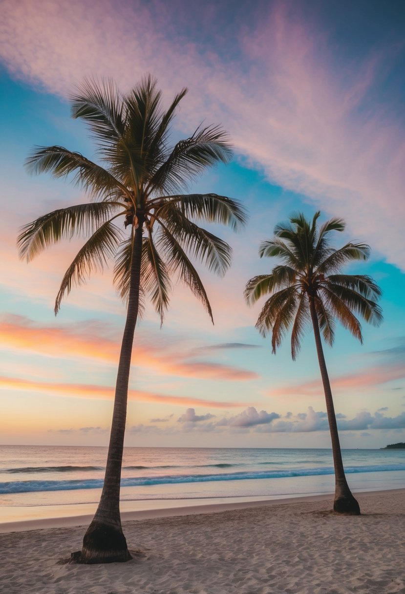 A serene beach at East Coast Park, with palm trees, calm waves, and a colorful sunset sky
