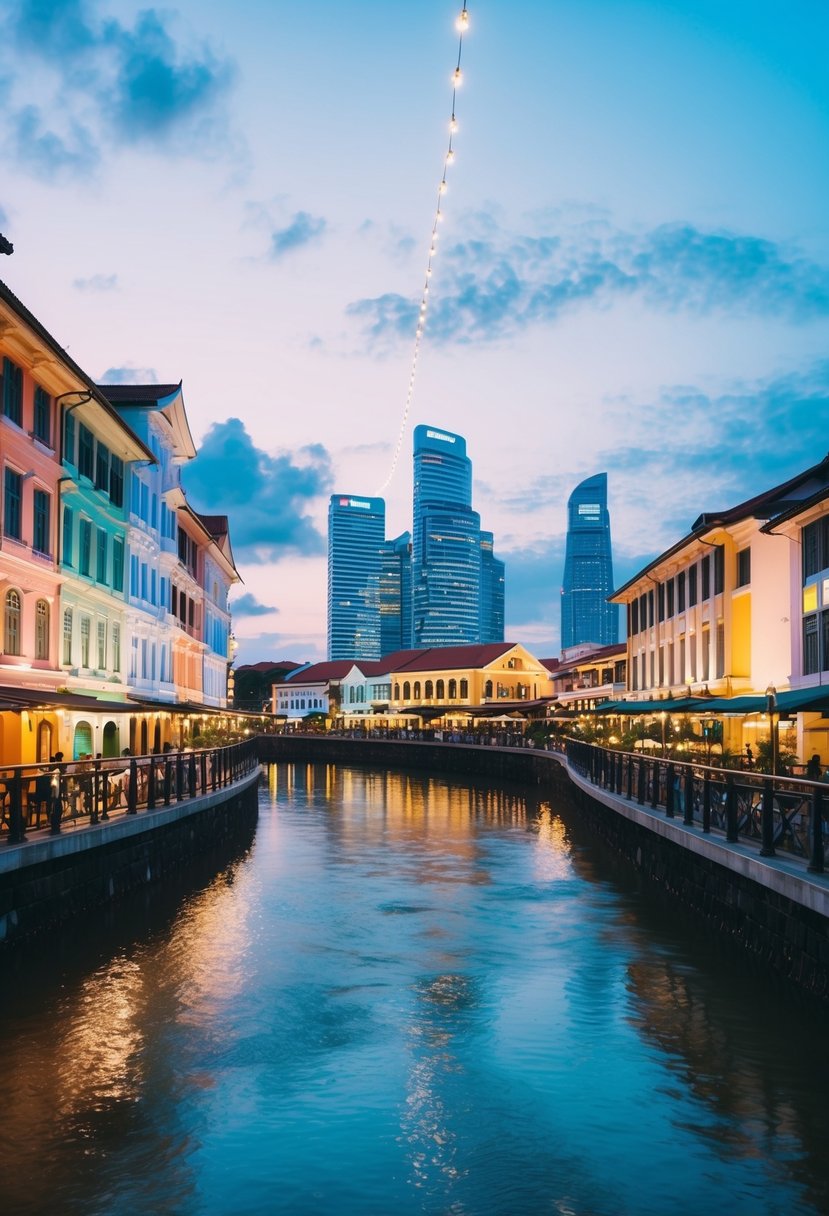 A romantic evening at Clarke Quay, with colorful buildings, twinkling lights, and a serene river flowing through the heart of Singapore