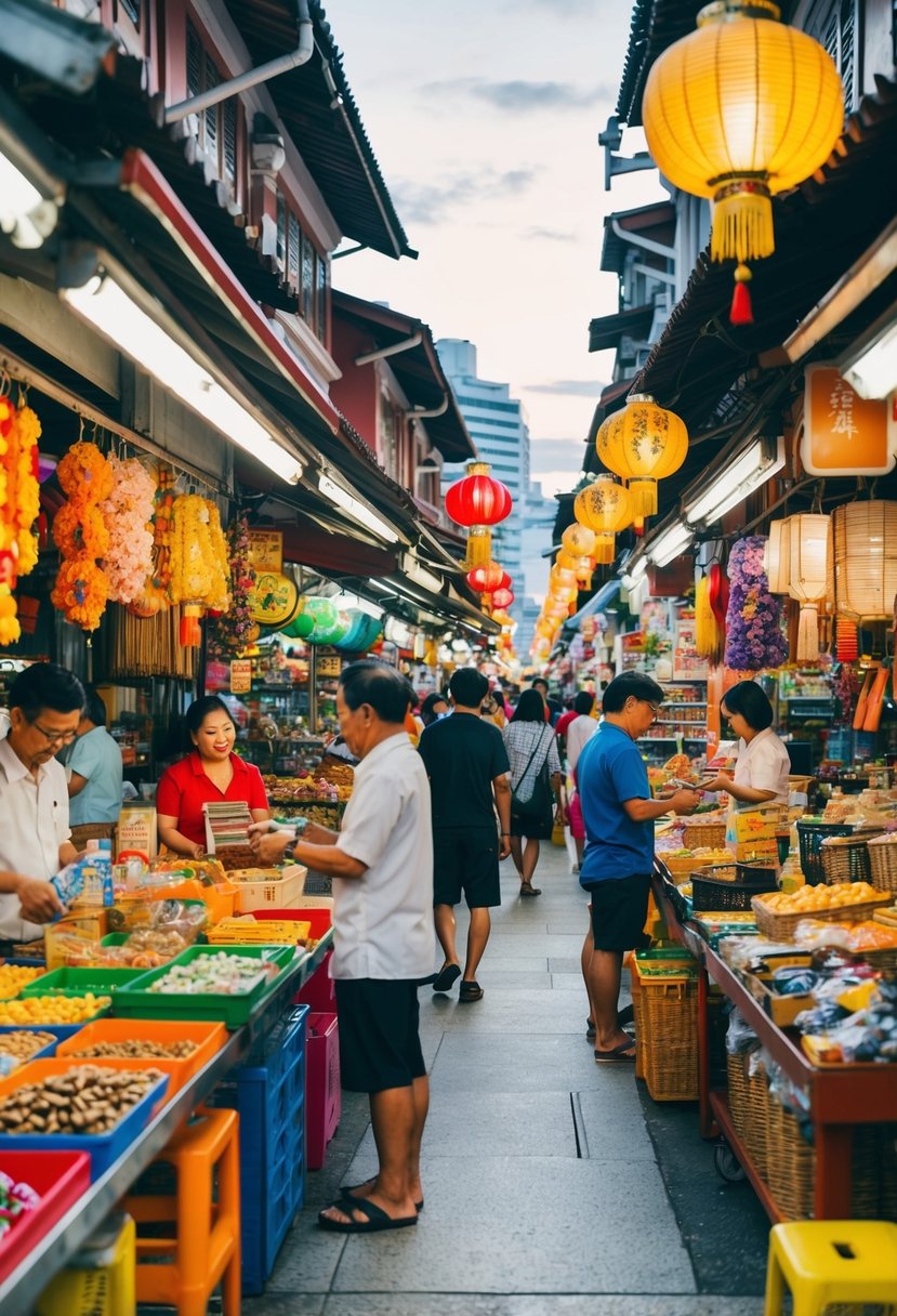 A bustling Chinatown street market in Singapore, filled with colorful stalls and exotic goods