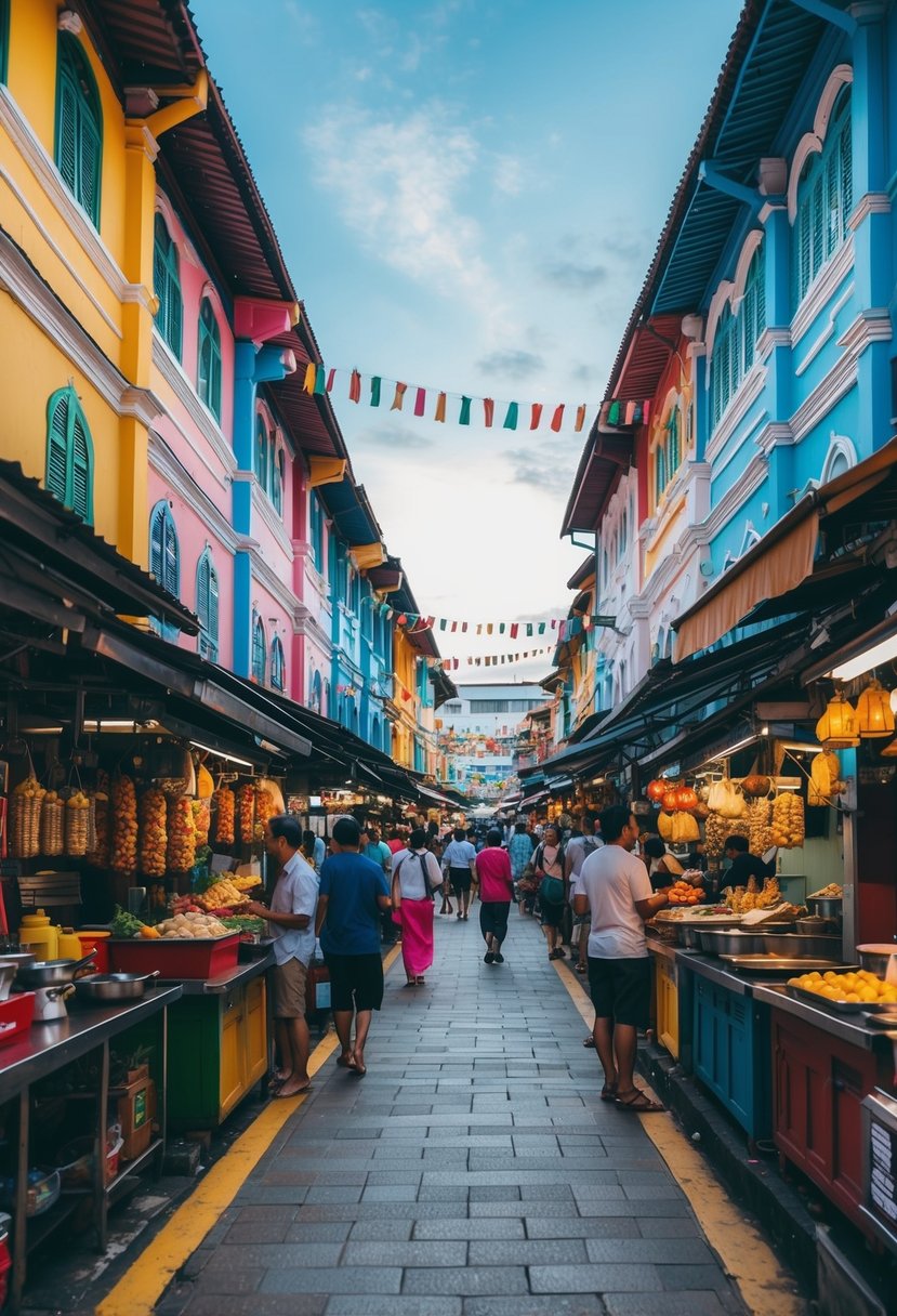 Vibrant streets of Little India, Singapore. Colorful buildings, bustling markets, and aromatic food stalls. Rich cultural atmosphere perfect for a honeymoon