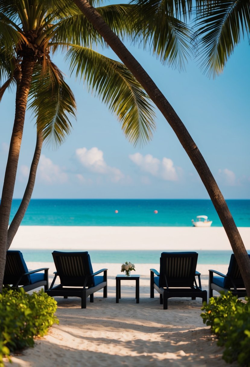 A serene beach at Tanjong Beach Club, with palm trees, clear blue waters, and a secluded romantic setting for honeymooners in Singapore