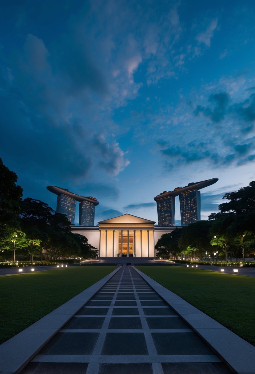 The National Gallery Singapore at dusk, with its iconic modern architecture illuminated against the darkening sky, surrounded by lush greenery