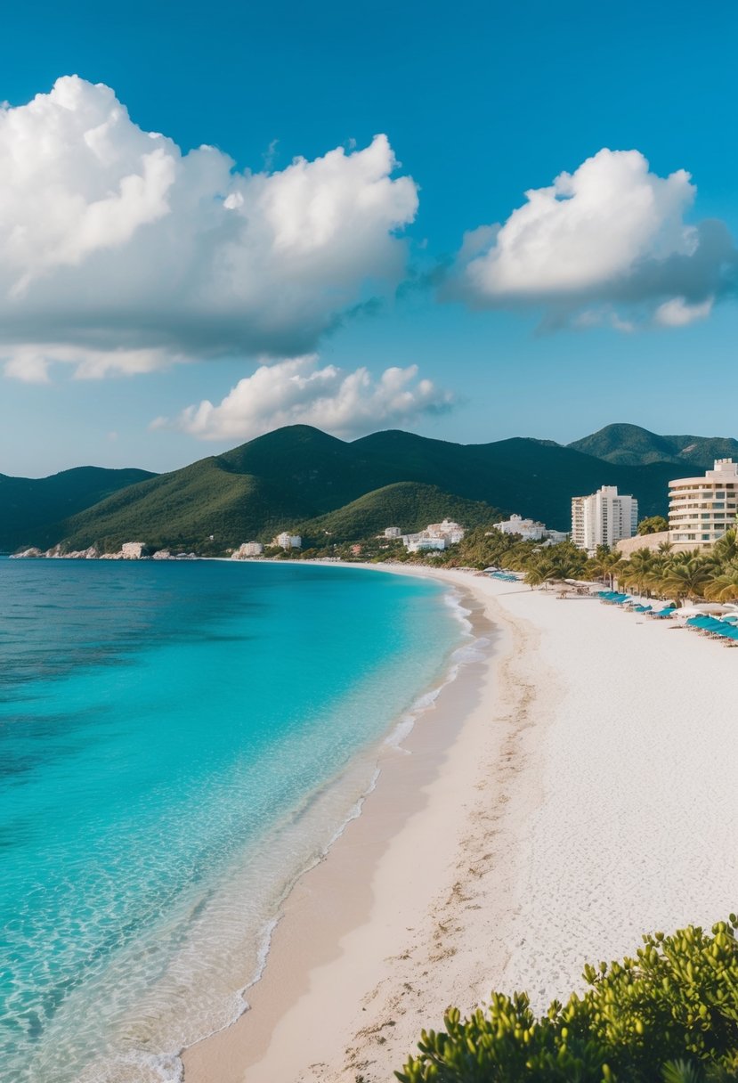 A scenic beach in Turkey with crystal clear turquoise waters, white sandy beaches, and lush green mountains in the background