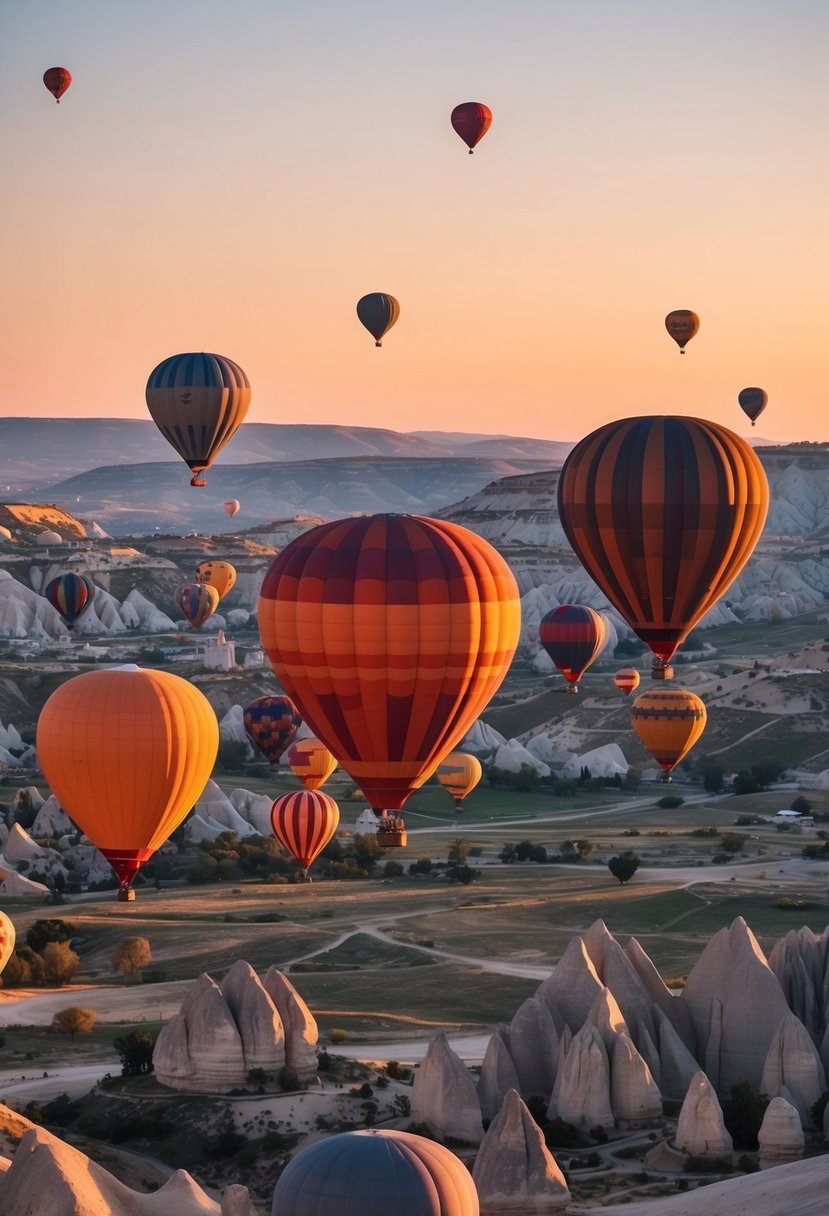 Hot air balloons float over the otherworldly landscape of Cappadocia at sunrise