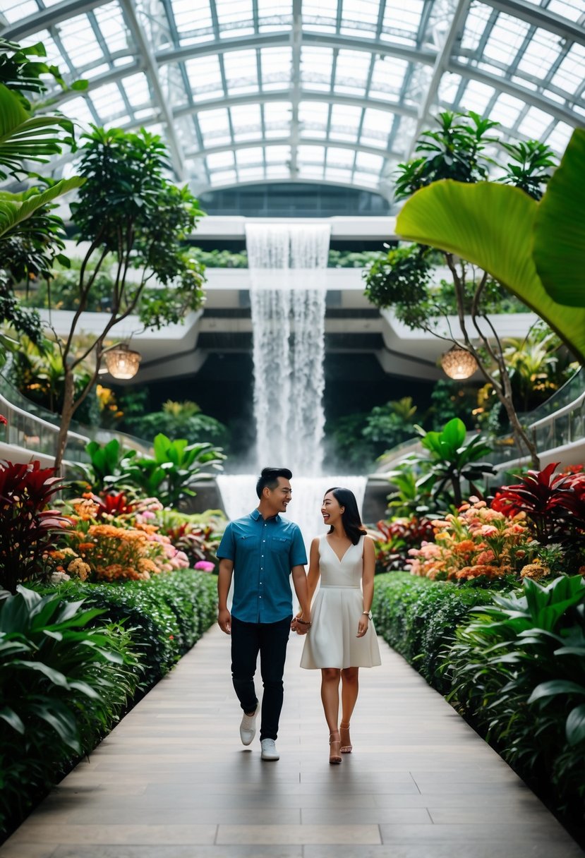 A couple strolling through the lush indoor gardens of Jewel Changi Airport, surrounded by a mesmerizing waterfall and vibrant flora