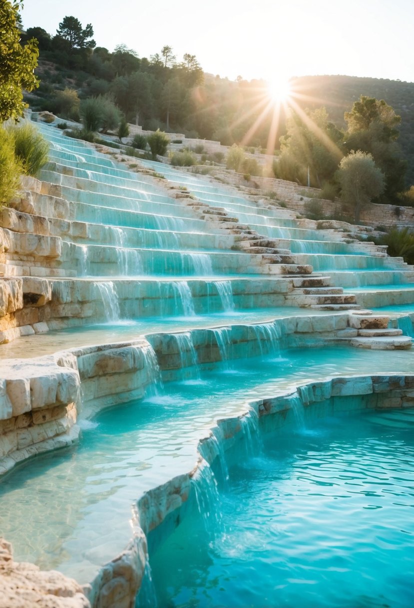 Crystal clear thermal pools cascade down the terraced landscape of Pamukkale, Turkey. The pools are surrounded by lush greenery and the warm sun shines down on the tranquil setting