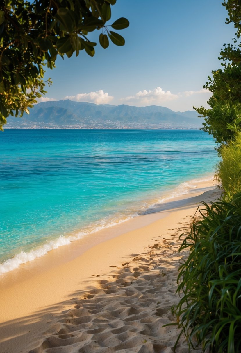 Turquoise waters lap against golden sands, framed by lush greenery and distant mountains. A serene and romantic setting for a honeymoon getaway in Antalya, Turkey